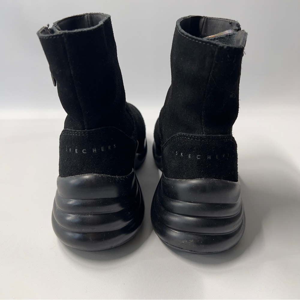 SKETCHERS Women 7.5 Black Chunky Heel Suede Ankle Bootie - Picture 8 of 11